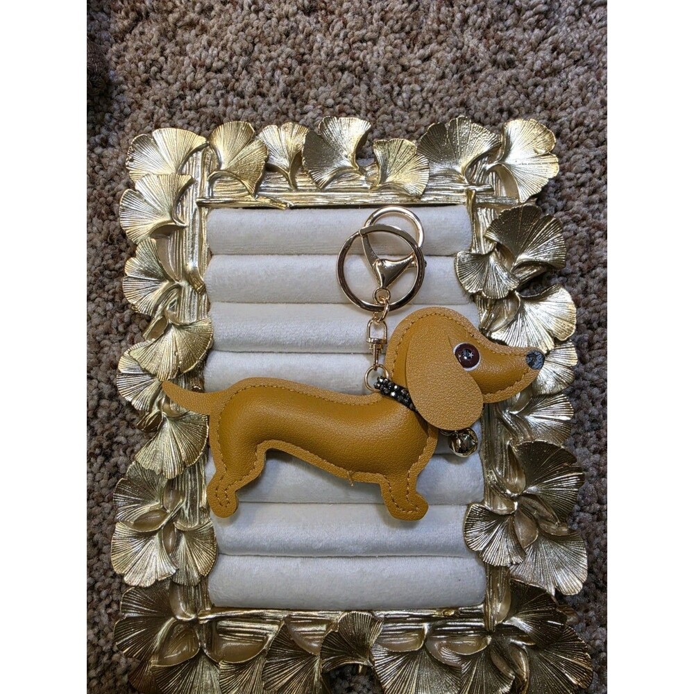 Brown Faux Leather Dachshund Dog Keychain Belt Chain Animal Theme Modern Era